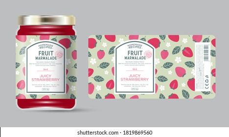 Label and packaging of strawberry marmalade. Jar with label. Text in frame with stamp (sugar free) on seamless pattern with berries, flowers and leaves.