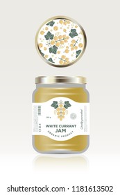 Label and packaging of white currant jam. Can lid jar with fruit pattern. The flat original illustration and texts on the minimalist label on the jar.