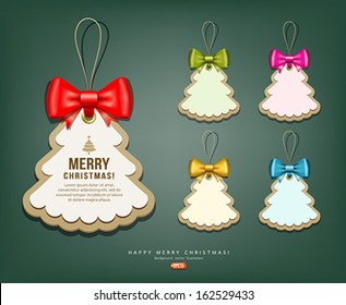 Label paper and colorful ribbons Merry Christmas background collections, vector illustration