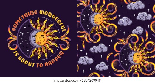 Label, pattern with eclipse with sun, crescent moon, fire swirls, text. Mythological fairytale characters, magic, mystical, astrology symbols. For kids clothing, apparel, T-shirts, surface design