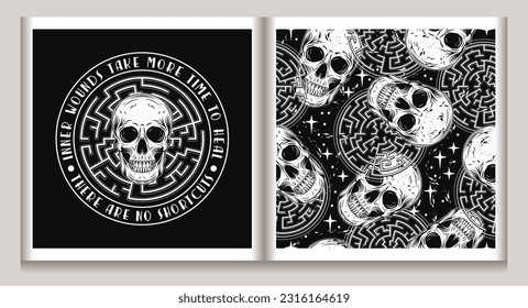 Label, pattern with human skull, labyrinth, text. Concept of mental health, wellness, expanded mind, psychic abilities. Mystical surreal illustration. For prints, clothing, t shirt, textile design