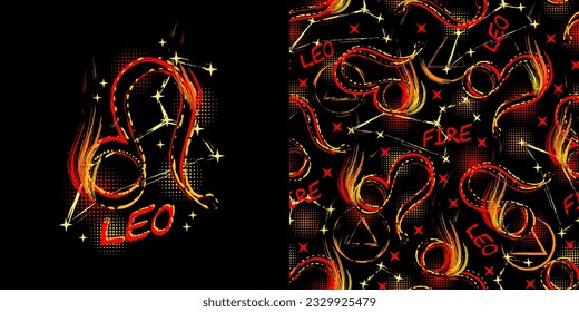 Label, pattern with icon of zodiac sign Leo with constellation, text, paint splatter, smudge, brush strokes. Horoscope esoteric element of the element of fire. For decoration in street style