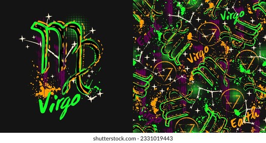 Label, pattern with icon of zodiac sign Virgo with constellation, text, paint splatter, smudge, brush strokes. Horoscope esoteric element of the element of earth. For decoration in street style