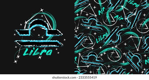 Label, pattern with icon of zodiac sign Libra with constellation, text, paint splatter, smudge, brush strokes. Horoscope esoteric element of the element of air. For decoration in street style