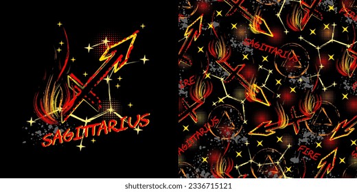 Label, pattern with icon of zodiac sign Sagittarius with constellation, text, paint splatter, smudge, brush strokes. Horoscope esoteric element of the element of fire. For decoration in street style