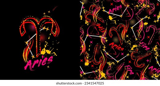 Label, pattern with icon of zodiac sign Aries with constellation, text, paint splatter, smudge, brush strokes. Horoscope esoteric element of the element of fire. For decoration in street style
