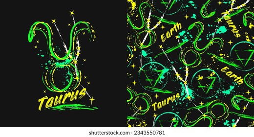 Label, pattern with icon of zodiac sign Taurus with constellation, text, paint splatter, smudge, brush strokes. Horoscope esoteric element of the element of earth. For decoration in street style