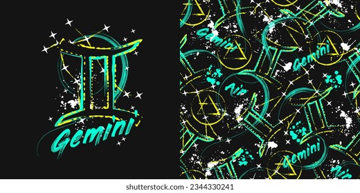 Label, pattern with icon of zodiac sign Gemini with constellation, text, paint splatter, smudge, brush strokes. Horoscope esoteric element of the element of air. For decoration in street style