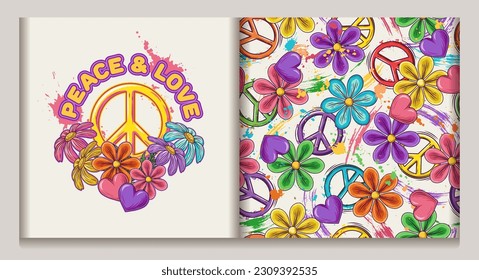 Label, pattern with peace sign,chamomile, paint splatter, hearts. Concept of peace, love and harmony. For clothing, apparel, T-shirts, surface decoration. Retro style illustration