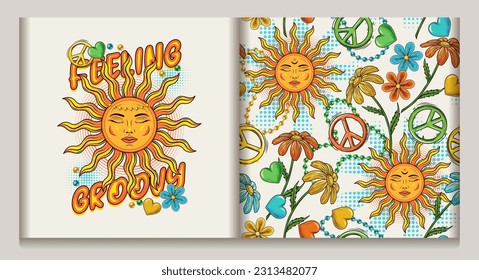 Label, pattern with sun with face, beads, heart, chamomile, text. Concept of harmony, balance. Peaceful, summer illustration. For clothing, apparel, T-shirts, surface decoration. Groovy, hippie style