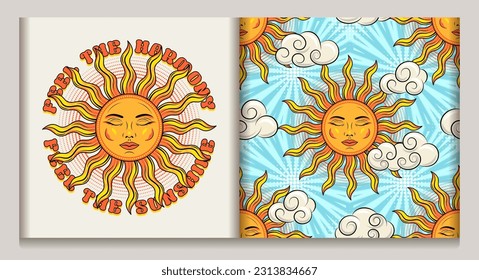 Label, pattern with sun with face, closed eyes, text. Mythological faitytale symbol. Groovy, hippie style. For clothing, apparel, T-shirts, surface decoration. Peaceful retro style illustration