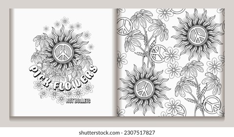 Label, pattern with sun, peace sign, chamomile flower and halftone shapes. Groovy, hippie style. Anti war, peaceful concept, summer illustration. Good for apparel, fabric, textile