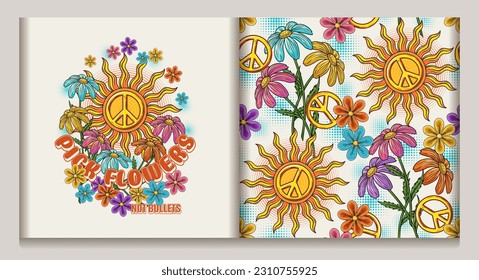 Label, pattern with sun, peace sign, chamomile flower and halftone shapes. Groovy, hippie style. Anti war, peaceful concept, summer illustration. Good for apparel, fabric, textile