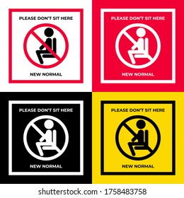 The label with people sit icon and text “don’t sit” and text “new normal"