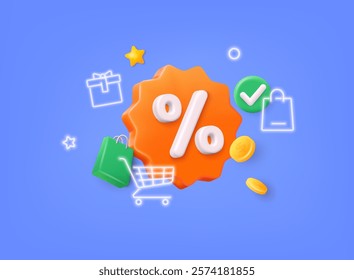 Label with percent, check mark and discount. 3D Web Vector Illustrations.