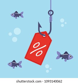 Label with percent on fishing hook and fishes swimming. Sales concept. Vector illustration