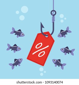 Label with percent on fishing hook and fishes swimming around. Sales concept. Vector illustration