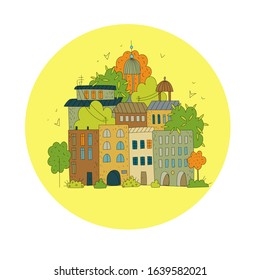 Label with a picture of colorful houses and trees on a yellow round background.