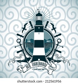 Label with a picture of the lighthouse, anchors and steering wheel. Nautical theme.