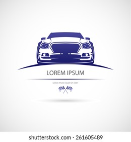 Label with a picture of a racing car. Vector.