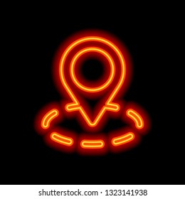 label or pin map on circle target, simple business icon. Orange neon style on black background. Light icon