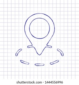 label or pin map on circle target, simple business icon. Hand drawn picture on paper sheet. Blue ink, outline sketch style. Doodle on checkered background