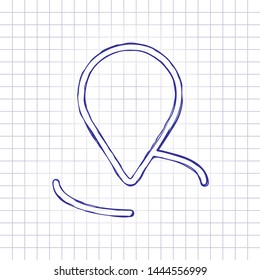 label or pin map on circle target, outline linear icon. Hand drawn picture on paper sheet. Blue ink, outline sketch style. Doodle on checkered background