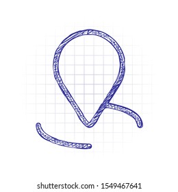 label or pin map on circle target, outline linear icon. Hand drawn sketched picture with scribble fill. Blue ink. Doodle on white background