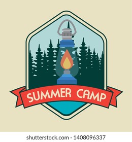 label of pines trees landscape with lamp and ribbon