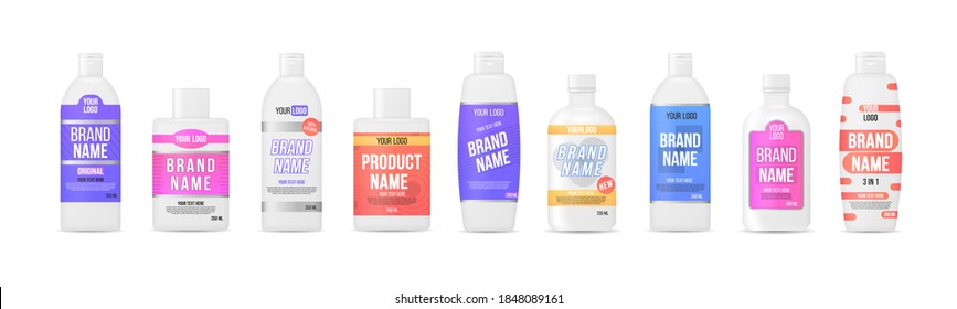 Label plastic bottles, package template design. Mock up design label bottle template isolated on white background. Vector illustration, eps 10.