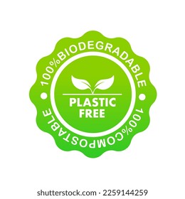 Label plastic free. 100% biodegradable 100% compostable icon, logo. Green leaves in a circle. Round biodegradable symbol. Natural recyclable packaging sign. Eco friendly product. Vector illustration svg