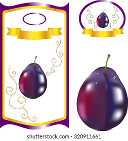 Label for plum jam, sweet plum on packing, a label for plum wine, an emblem for plum cookery, a decorative element with plum, packing  plum berry
