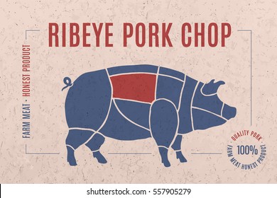 Label for pork steak meat cut with text Ribeye Pork Chop. Creative graphic design for butcher shop, farmer market. Advertising poster for meat related theme. Vector Illustration