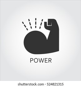 Label of power. Muscle hand. Simple black icon. Logo drawn in flat style. Black shape pictograph for your design needs. Vector contour silhouette on white background.