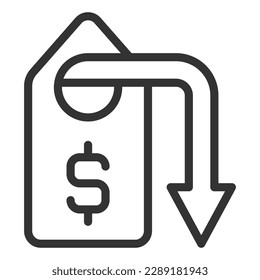 Etiqueta, etiqueta de precio y flecha hacia abajo - icono, ilustración en fondo blanco, estilo de esquema