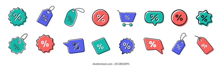 Conjunto de ícones de etiqueta de preço de etiqueta. Venda, cupom, compras, loja, mega venda, tomada, coleção.