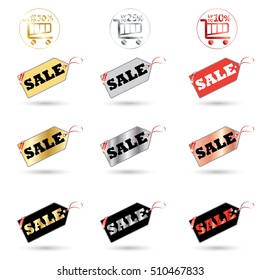 label, price tag, tags sticker ribbon, banner, gift tags set gold vintage paper sale tag frame Vector illustration Big Sale Market basket. Black Friday Hot Deal stickers, Cyber Monday luxury tag 2022
