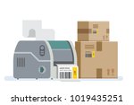 Label printer with boxes. Packaging boxes marked with a bar code. Vector icon illustration
