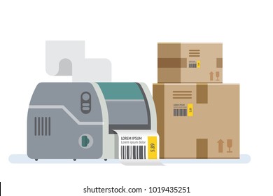 Label printer with boxes. Packaging boxes marked with a bar code. Vector icon illustration