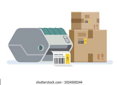 Label Printer With Boxes. Packaging Boxes Marked With A Bar Code. Vector Icon Illustration