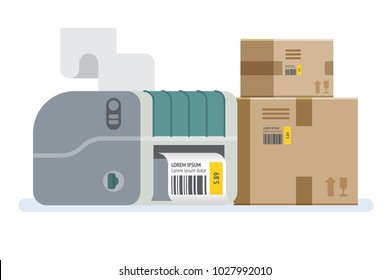 Label Printer With Boxes. Packaging Boxes Marked With A Bar Code. Vector Icon Illustration