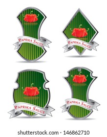 Label for a product (ketchup, sauce) with photo-realistic vector illustration of vegetables. 