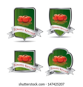 Label for a product (ketchup, sauce) with photo-realistic vector illustration of vegetables. 