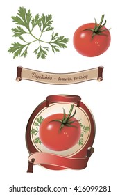 Label for a product (ketchup, sauce) with photo-realistic vector illustration of tomato. Isolated on white background.