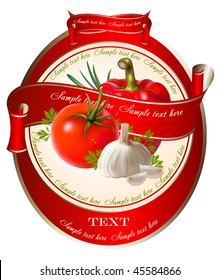 Label for a product (ketchup, sauce) with photo-realistic vector illustration of vegetables.