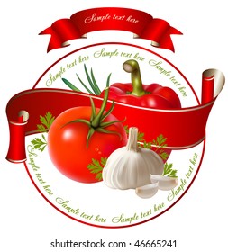 Label for a product (ketchup, sauce) with photo-realistic vector illustration of vegetables.