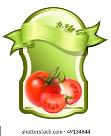 Label for a product (ketchup, sauce) with photo-realistic vector illustration of vegetables.