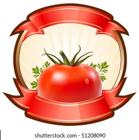 Label for a product (ketchup, sauce) with photo-realistic vector illustration of tomato.