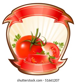 Label for a product (ketchup, sauce) with photo-realistic vector illustration of tomatoes.