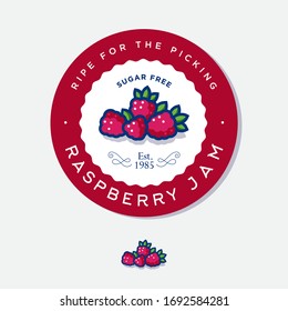 Label for raspberry jam. Round sticker for jar with berries, leaves and letters in a circle. Original berries illustration.